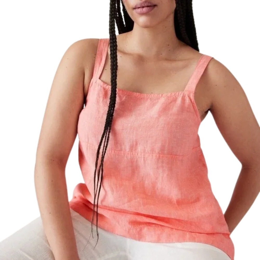 Athleta Tank Top Womens Small Coral Pink Linen‎ Square Neck Cross Back Voyager